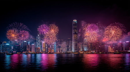 A stunning display of fireworks erupts over Hong Kong's iconic skyline, illuminating the night sky with vibrant colors. The reflections on the water create a mesmerizing scene perfect for celebration or promotional use.の素材
