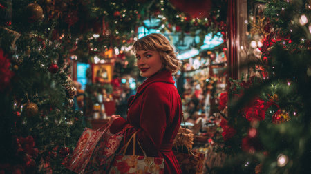 A stylish woman in a red coat enjoys shopping amidst festive decorations and colorful gifts, embodying the spirit of the holiday season and joyful moments.の素材