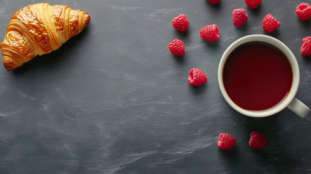 Overhead composition of a coffee cup, croissant, and scattered raspberries, styled on a slate surface with empty space for design elementsの素材