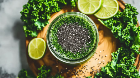 Overhead view of a kale smoothie with chia seeds in a glass jar, placed on a wooden board surrounded by fresh kale, lime slices, and chia seedsの素材