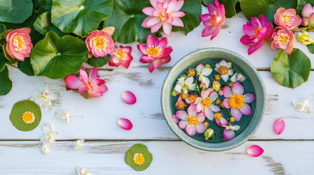 Rose and jasmine petals floating in Songkran bowl, lotus leaf and Thai floral garland arranged on white wood planksの素材