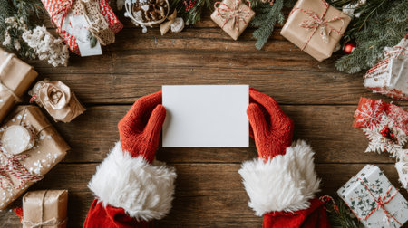 Festive scene featuring hands in red gloves holding a blank card, surrounded by beautifully wrapped Christmas gifts. Perfect for seasonal themes.の素材