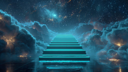 A captivating scene featuring neon stairs ascending through fluffy clouds under a starry sky, evoking a sense of wonder and exploration in a cosmic realm.の素材