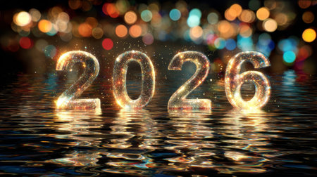 A vibrant representation of the year 2026 depicted in sparkling digits, creating a lively and festive mood against a shimmering water backdrop, perfect for celebration themes.の素材