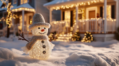 A charming snowman figurine glows brightly in a cozy winter landscape, surrounded by snowy ground and twinkling lights. Experience the warmth of holiday spirit.の素材