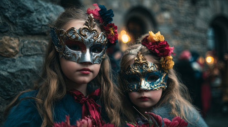 Two young girls wearing ornate festival masks stand close together, surrounded by vibrant flowers, embodying joy and the spirit of celebration in a whimsical setting.の素材