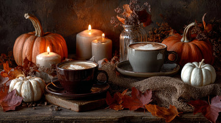 A beautiful autumn scene featuring steaming coffee, decorative pumpkins, and gentle candlelight, creating a warm and inviting atmosphere perfect for fall.の素材