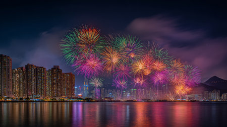 A stunning display of colorful fireworks lights up the night sky over a vibrant city skyline, creating a magical atmosphere reflected in the calm water below.の素材