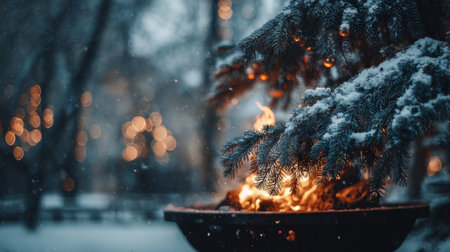 A charming winter scene featuring a cozy firepit surrounded by a snowy pine tree, creating a warm and inviting atmosphere with glowing lights in the background.の素材