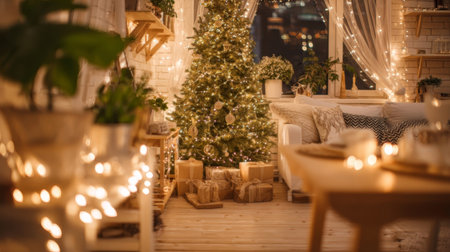 A cozy living room adorned for Christmas, featuring a beautifully lit tree, warm lights, and wrapped gifts, creating a joyful and inviting holiday atmosphere.の素材