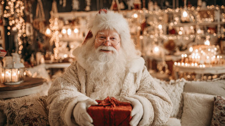 Cozy indoor scene featuring Santa Claus holding a beautifully wrapped gift. The warm lights and festive decorations create a magical holiday atmosphere perfect for joy and celebration.の素材