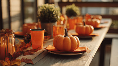 A cozy autumn table setting featuring vibrant pumpkins, fall leaves, and warm decor. Ideal for autumn gatherings, this inviting arrangement creates a festive atmosphere.の素材