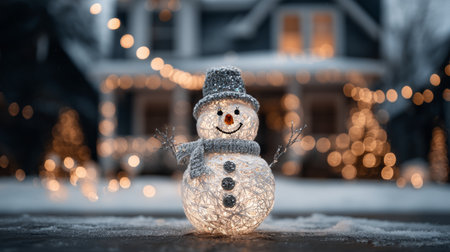 A delightful snowman, adorned with twinkling lights, stands in a snowy landscape, surrounded by a warm, festive atmosphere. Perfect for holiday themes.の素材