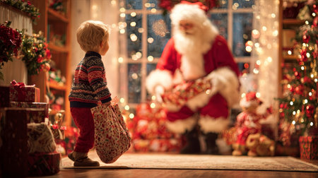 A joyful child dressed in a cozy sweater approaches Santa Claus, who is seated by a beautifully decorated Christmas tree, illustrating the spirit of the holiday season.の素材