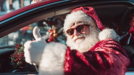 Festive Santa Claus with sunglasses gives a cheerful thumbs up from a decorated car, capturing joyful holiday spirit and fun vibe in an urban setting.の素材