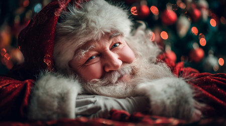 This captivating image features a cheerful Santa Claus with a warm smile, surrounded by enchanting holiday decorations, capturing the joy and spirit of Christmas.の素材