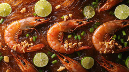 Close-up of Thai-style hot pot with steamed prawns, crab, and glass noodles, decorated with fried garlic, green onions, and lime.の素材