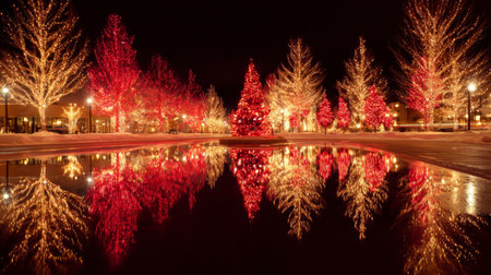 A stunning display of glowing holiday trees lights up the night. Their vibrant reflections shimmer in calm water, creating a festive and enchanting atmosphere.の素材