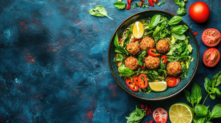 A vibrant bowl of Thai boat noodles with basil, pork balls, and fried pork skin, showcasing a rich broth and authentic Thai street food style.の素材