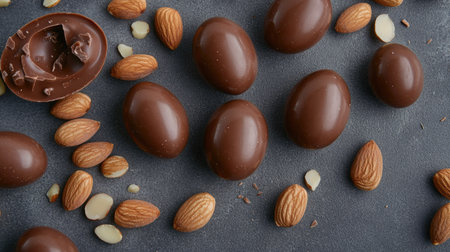 Chocolate Easter eggs and bunny-shaped chocolates with almonds and hazelnuts, styled on a gray background with space for text.の素材