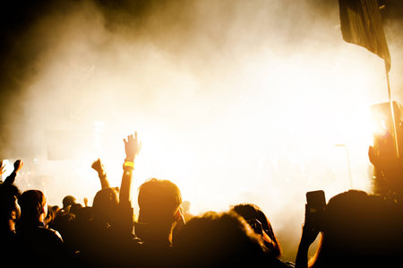 silhouettes of hand in concert.Light from the stage.の写真素材