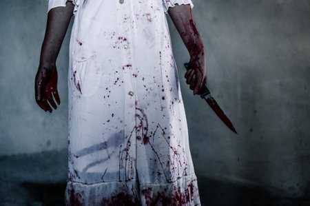 Ghost woman holding knife in house. Horror. Halloween.horror of scary fear on hell is monster devil girl in halloween festival concept.の写真素材