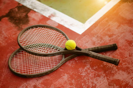 tennis racket with a tennis ball on a tennis courtの写真素材