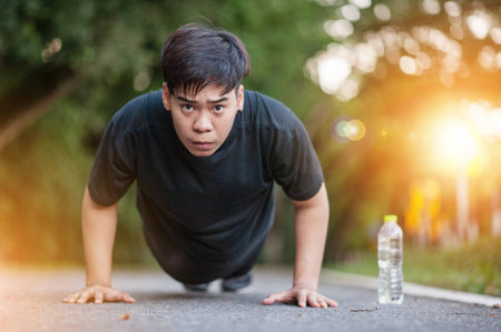 Fitness Man doing push-ups during outdoor cross training workout. Beautiful young and fit fitness sport model training outside in fall.の写真素材