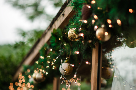 Christmas background - baubles and branchの写真素材