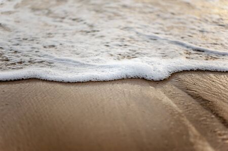 Sea, beach, sand, wave, summer, background concept. White waves on a sandy beach in the summer on sunset. Background sea concept.の写真素材