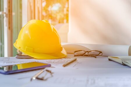 Construction site engineer. Engineering objects on workplace の写真素材
