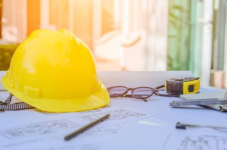 Construction site engineer. Engineering objects on workplace の写真素材