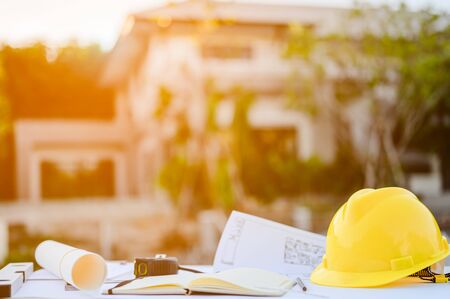 Construction site engineer. Engineering objects on workplace の写真素材