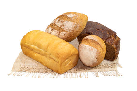 different bread rye round baguette loaf isolated on white background, gold rustic crusty bun, top...