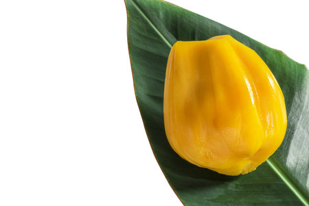 Jackfruit in leaf on white background close up top view, healthy fruit concept.