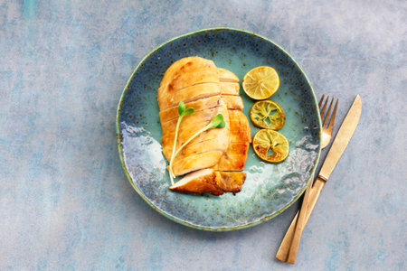 Grill chicken garlic and lemon in plate on blue wood background top view, healthy food concept.
