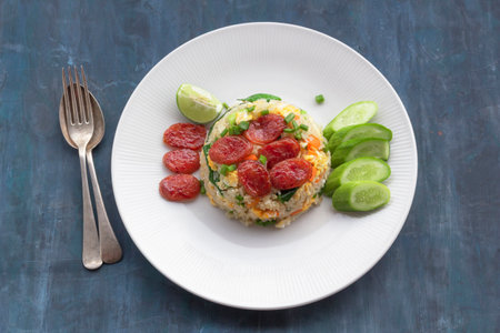 Fried rice with chinese sausage egg carrot kale in plate isolated on blue background close up, top view, food and drink concept.の写真素材