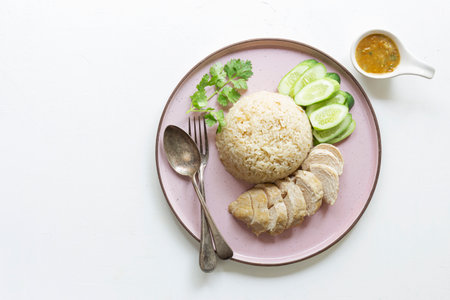 Hainanese rice chicken has sauce vegetable on white background, Asian food concept.の写真素材