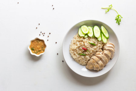 Hainanese rice chicken has sauce vegetable on white background, Asian food concept.の写真素材