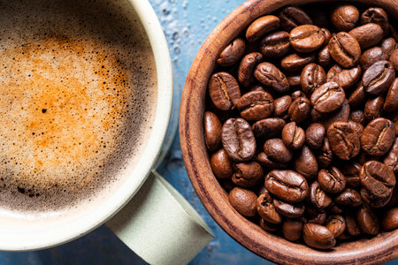 Espresso coffee has bean moka pot on blue wood background top view, breakfast food concept.の写真素材