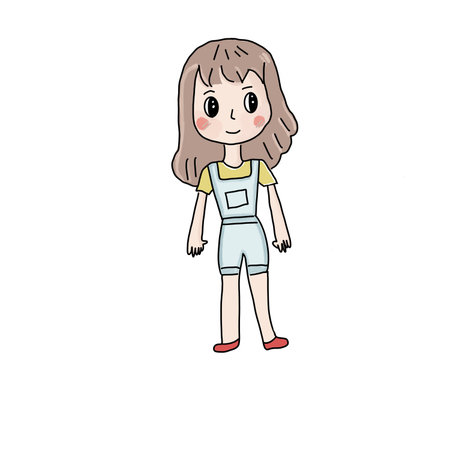Cute girl in blue clothes has face smile, cartoon hand drawn on white backgroundのイラスト素材