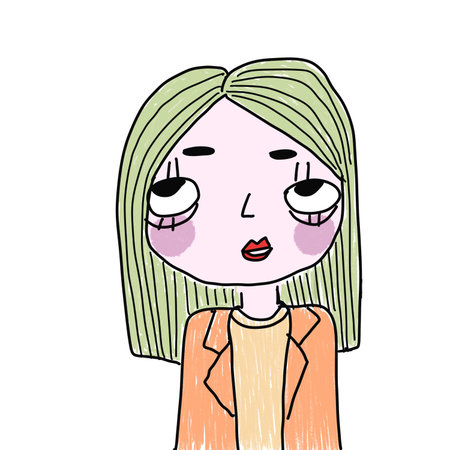 Woman has face smile in orange suit jacket, cartoon hand drawn white backgroundのイラスト素材