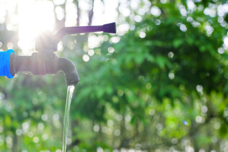 Water valve on green nature background, Close up tap valve with blur background of green tree, Water drop from steel faucet to waste, Water saving concept, Energy conservative background, Flare lightの写真素材