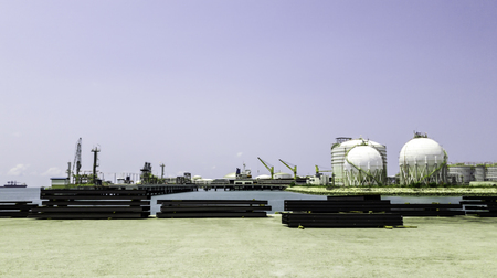 Blur background of industrial port on harbour, Importation and Exportation by shipment, cargo ship terminal, Landscape background of sea port with bright sky clouds in Thailand, Steel plate goods saleの写真素材