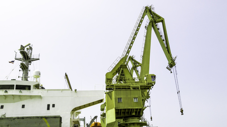 Blur background of industrial port on harbour, Importation and Exportation by shipment, cargo ship...