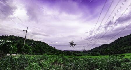 Electricity pole with silhouette sunset sky, Electricity pylon with shadow of tree in dawn timeの写真素材