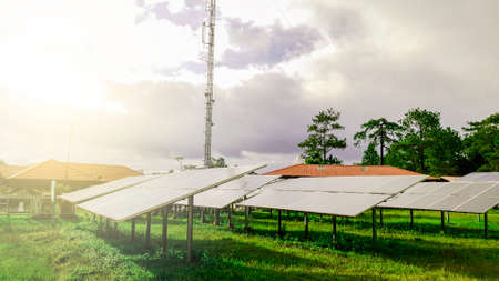 Photovoltaic modules for renewable energy, Alternative power energy, Combined power generations system of windmill and solar module system, concept of sustainable resourcesの写真素材