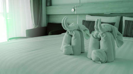 Thai hotel with towels preparing for guest in hotem room, Compact hotel room with facility accommodationの写真素材