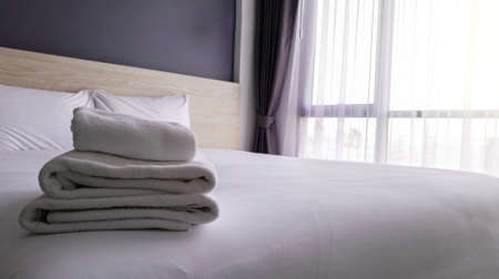 Towels preparing for guest in hotem room, Compact hotel room with facility accommodationの写真素材