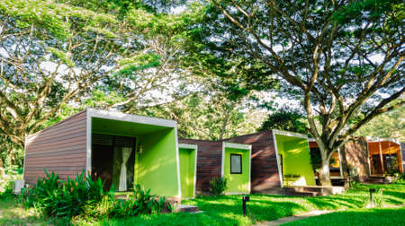 Modern cottage in green nature trees, Green field garden with sun light in the morning